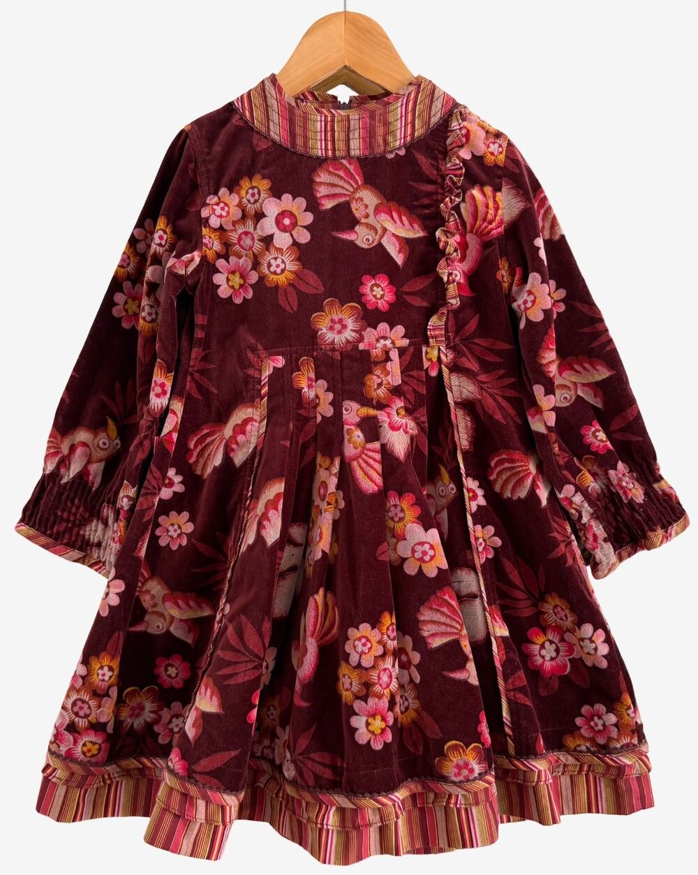 Oilily Girls Velvet Dress Bird Floral Print Pleated Whimsical Boho Vintage